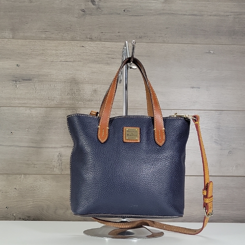 Dooney & Bourke Navy Pebbled Leather Tote with Tan Trim and Strap